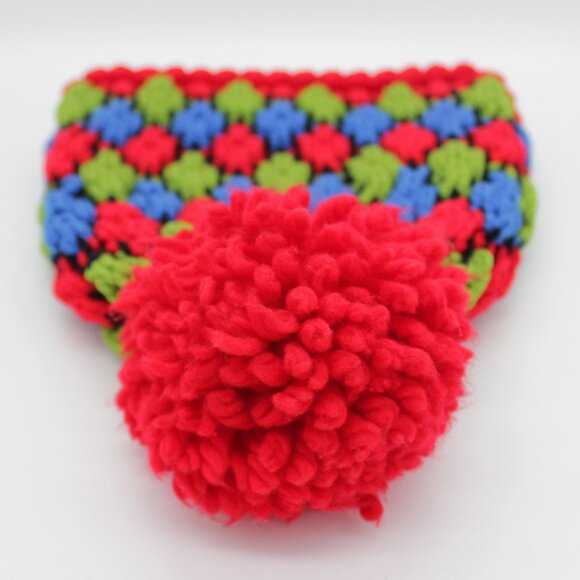 Vintage Hand Knit Pom Pom Beanie, Colorful Unisex Hat - Picture 6 of 6